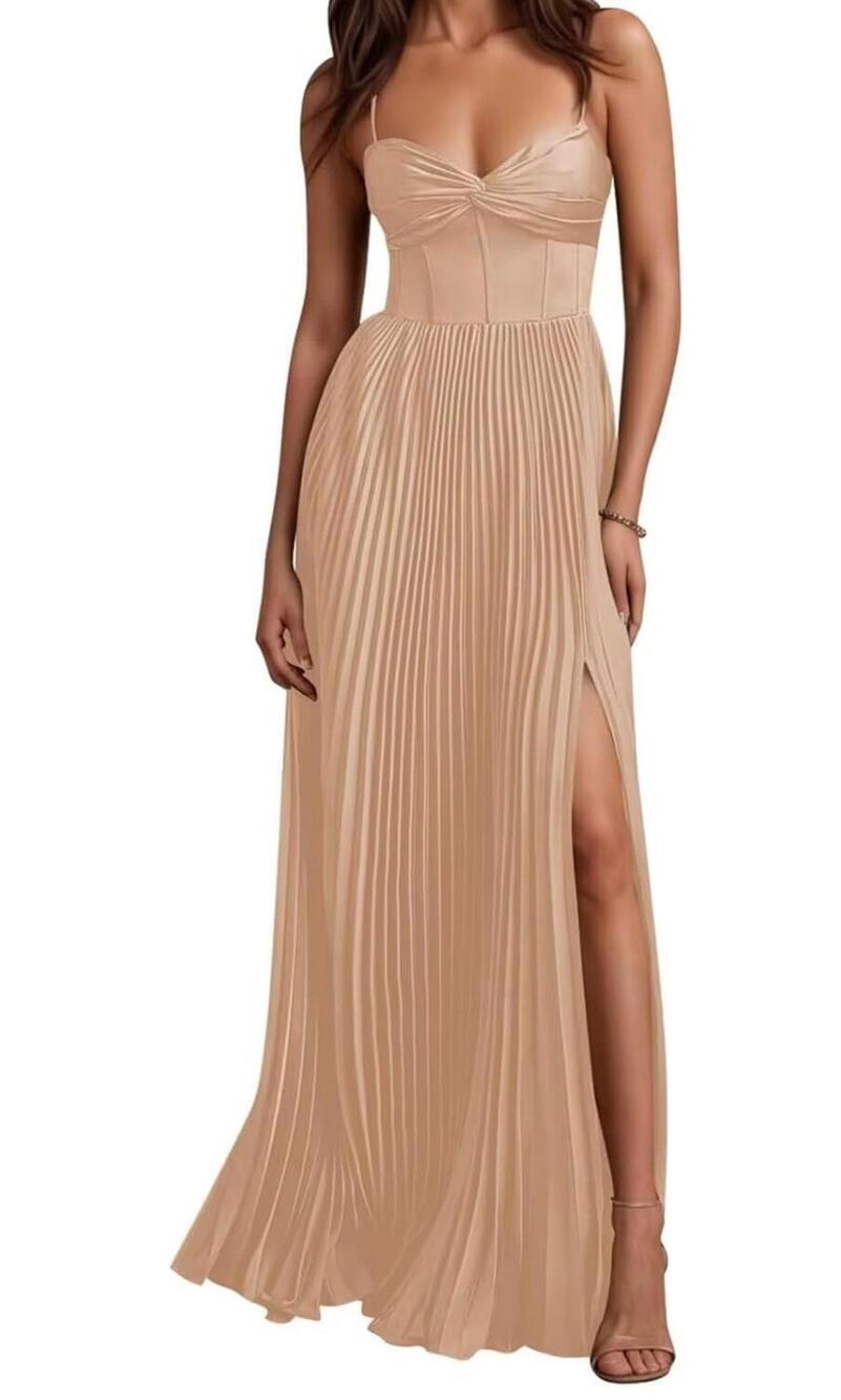 Satin Pleated Bridesmaid Dresses Long with Slit for Women Spaghetti Straps Line